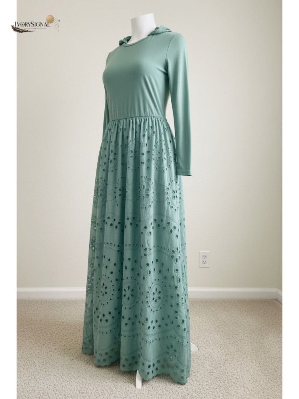 Women Long Sleeve Crewneck A-Line Eyelet Cotton Maxi Dress Pockets Wedding Guest
